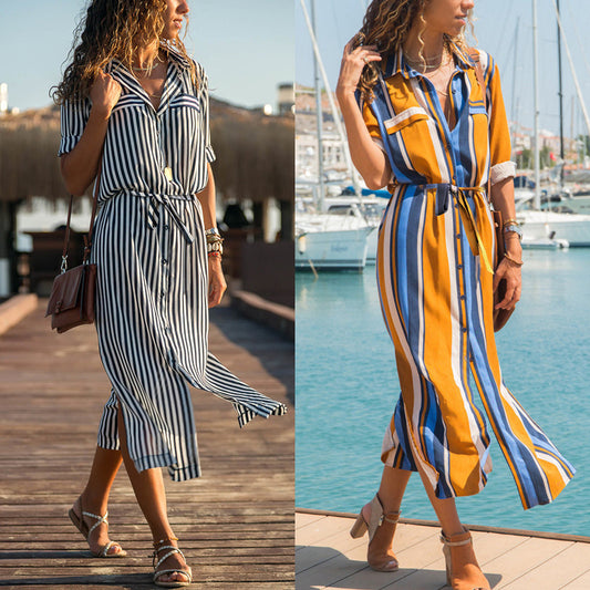Robe Chemise Rayée en Chiffon – Élégance Décontractée