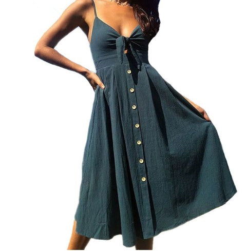 Robe d’Été à Bretelles – Noeud Devant & Boutons