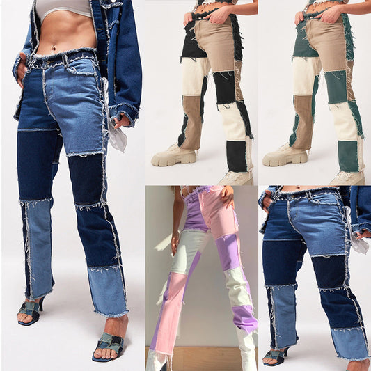 Jeans Femme Droit à Coutures Élastiques - Ourlet Brut