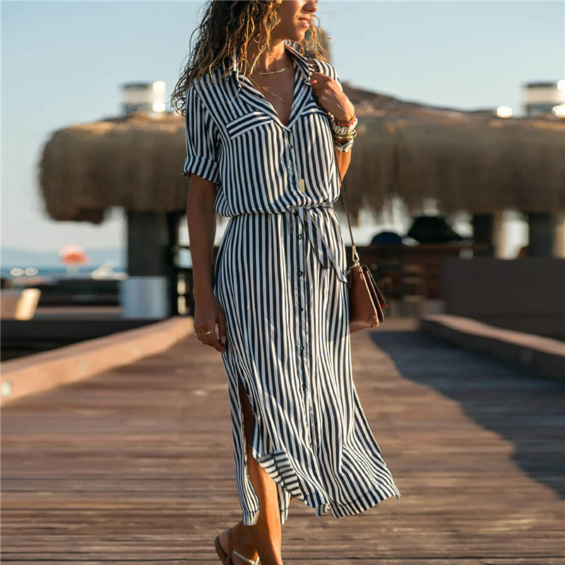 Robe Chemise Rayée en Chiffon – Élégance Décontractée