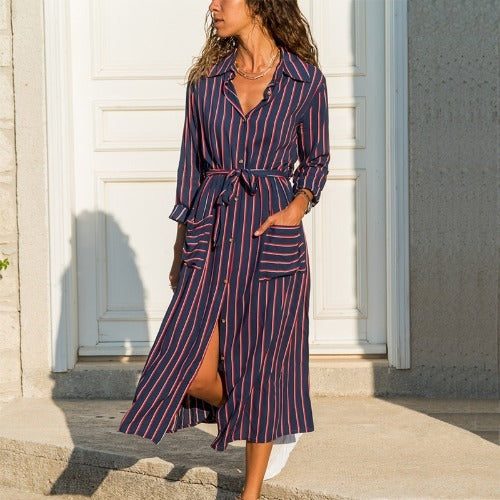 Robe Chemise Rayée en Chiffon – Élégance Décontractée