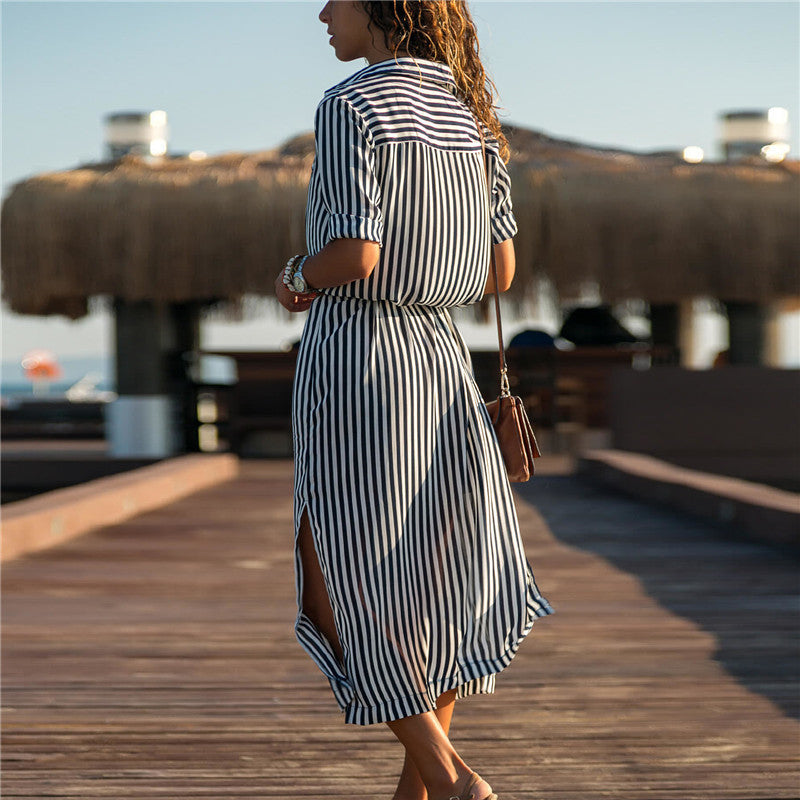Robe Chemise Rayée en Chiffon – Élégance Décontractée