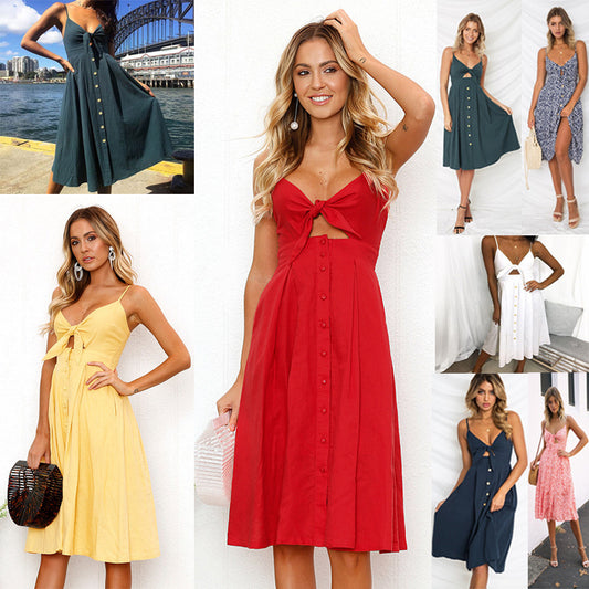 Robe d’Été à Bretelles – Noeud Devant & Boutons